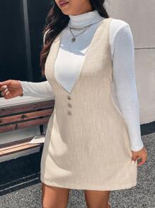 SHEIN Frenchy Plus Size V-Neck Front Button Minimalist Elegant Suspender Mini Dress - Apricot - View 3