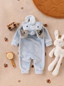 SHEIN 新生男婴大象耳朵连帽衫保暖羊毛上衣 - 藍色 - 查看 2