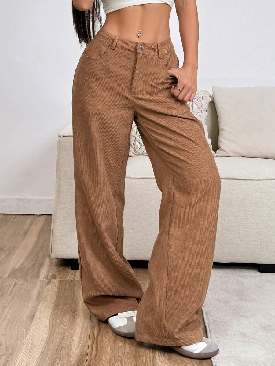 Muchica Brown Corduroy Wide Leg Pants For Women, Autumn New Arrival - Brown - View 1