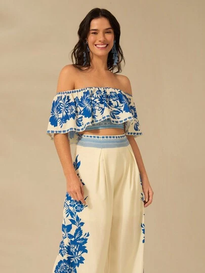 CAJUNI Women's Boho Print, Tropical Floral Blue Print, Beige Extra Long Wide-Leg Pants, Summer Casual, Beach Vacation Pants