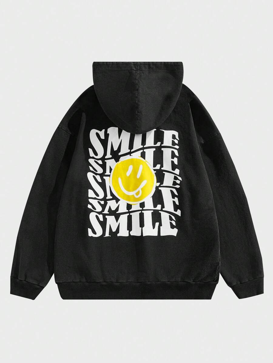 Manfinity Roghcode Men's Black Knitted Denim Hooded Loose Dropped Shoulder Sweatshirt - Black - View 1