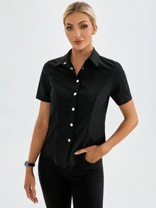 TaskEZ Button-Up Short Sleeve Fashionable Fitted Professional Work Uniform Scrub Top