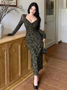 DAZY 女士全印花雪纺长袖派对/返校秋季长裙优雅长款连衣裙 - 墨綠色 - 查看 2