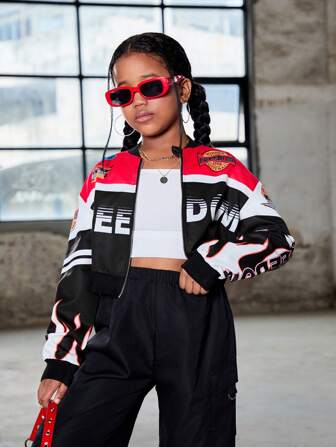 SHEIN Tween-Mädchen Mode Street Style Lange Ärmel Kurze Bikerjacke, Herbst/Winter