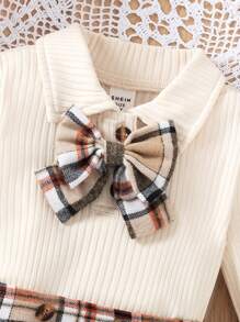 2pcs/Set Young Girl School Uniform Outfits, Including Collared Knit Long Sleeve Sweater With Bow Accent And Plaid Skirt, Fall/Winter Plaid Skirt Set - Apricot - View 3