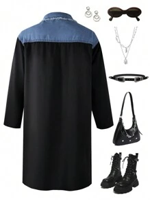 SHEIN Tween Girls' Denim Patchwork Mid-Length Jacket - Multicolor - View 5