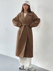 SHEIN EZwear Women's Solid Color Modest Long Sleeve Button Front Casual Jacket - Coffee Brown - View 4