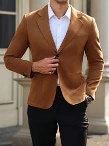 Manfinity Mode Áo khoác blazer nam cổ ve dài tay cài nút phía trước, Áo khoác blazer nam màu lạc đà, Áo khoác blazer nam thường ngày, Áo khoác blazer công sở nam thường ngày, Phong cách Old Money - Cà phê nâu - Xem 3