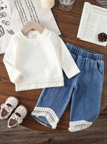 SHEIN Bộ áo dài tay màu trơn + quần denim xếp nếp cho bé gái - Màu be - Xem 1