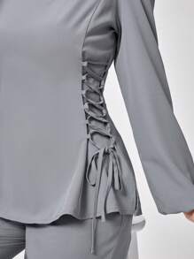 TaskEZ V 领灯笼袖侧系带制服手术服上衣 - 灰色 - 查看 8