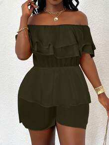 Zolique Women's Casual Off Shoulder Ruffled Romper - Army Green - View 5