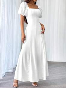 Firerie 女士纯色方领短袖后背拉链长款休闲连衣裙、度假装 - 白色 - 查看 6