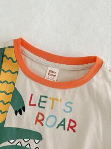 Cozy Pixies 2 Chiếc Bé Trai Hoạt Hình Họa Tiết Khủng Long Màu Sắc Tương Phản Mềm Đan Cổ Tròn Rớt Vai Áo Thun Tay Ngắn & Quần Short Bộ - Màu be - Xem 8