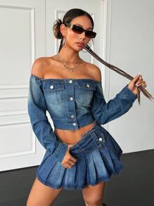 SHEIN ICON 女士露肩牛仔夹克，蓝色 - 中等水洗藍 - 查看 7