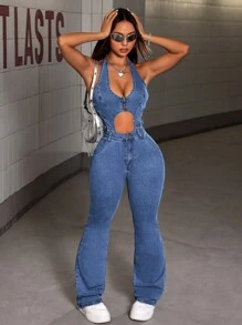 Jeanoix 女士性感镂空露背吊带牛仔连体裤，夏季