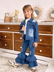 SHEIN 3pcs/Set Young Girls Spring/Autumn Solid Ribbed Crew Neck Long Sleeve T-Shirt + Flared Jeans + Denim Jacket - Multicolor - View 7