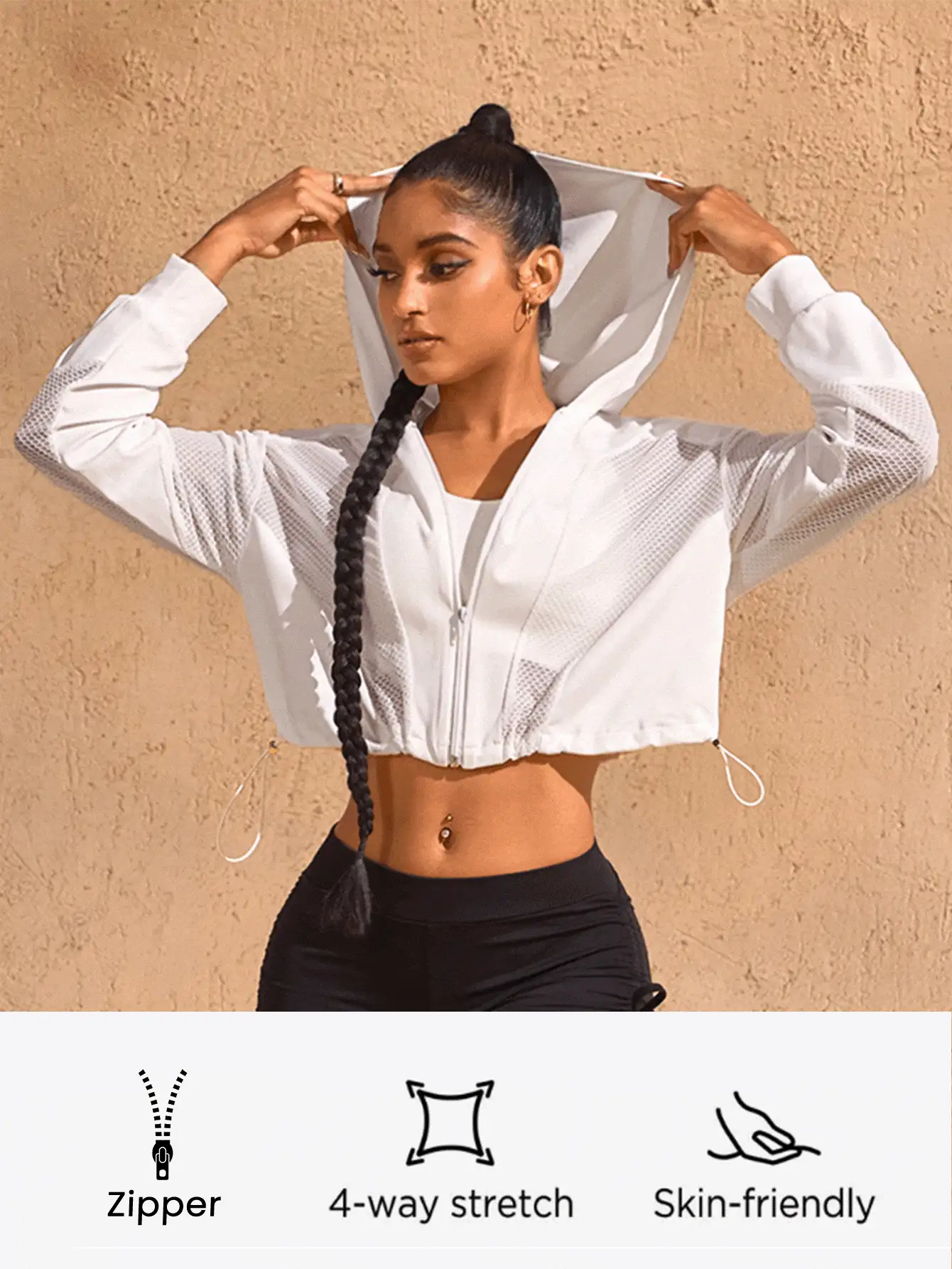 Easithlete 前拉链长袖纯色连帽短款运动夹克，休闲装 - 白色 - 查看 3