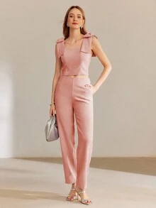 MOTF PREMIUM 纯色斜口袋直筒裤 - 粉色 - 查看 5