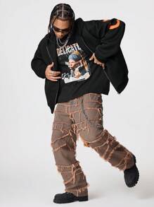 Manfinity VCAY Sudadera con capucha de manga larga de punto con estampado gráfico en inglés de corte holgado para hombre, para otoño e invierno - Negro - Ver 5