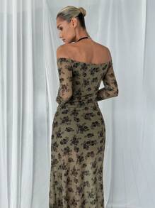 SHEIN Essnce 2024 Spring & Summer New Floral Print Ruched Shoulder & Waist Slim Fit Off-Shoulder Long Sleeve Dress For Women - Green - View 2