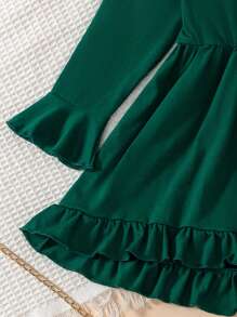 SHEIN Elladie kids 2 件套年轻女孩春秋休闲蝴蝶结装饰圆领长袖上衣和裤子套装 - 綠色 - 查看 6