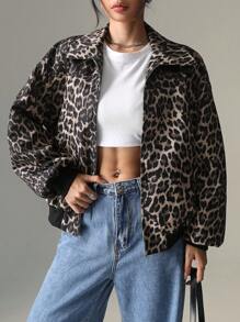 SHEIN EZwear 女士豹纹拉链休闲长袖外套（秋冬款） - 棕色 - 查看 6