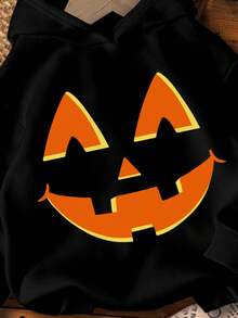 SHEIN 男宝宝休闲简约万圣节图案宽松长袖连帽厚毛衣，适合秋冬季 - 黑色 - 查看 3