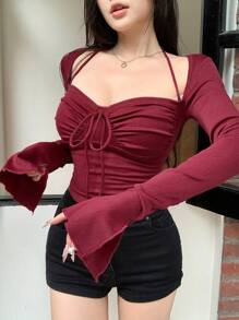 DAZY 情人节红色新年修身拼色长袖女T恤秋装 - 紅色 - 查看 3