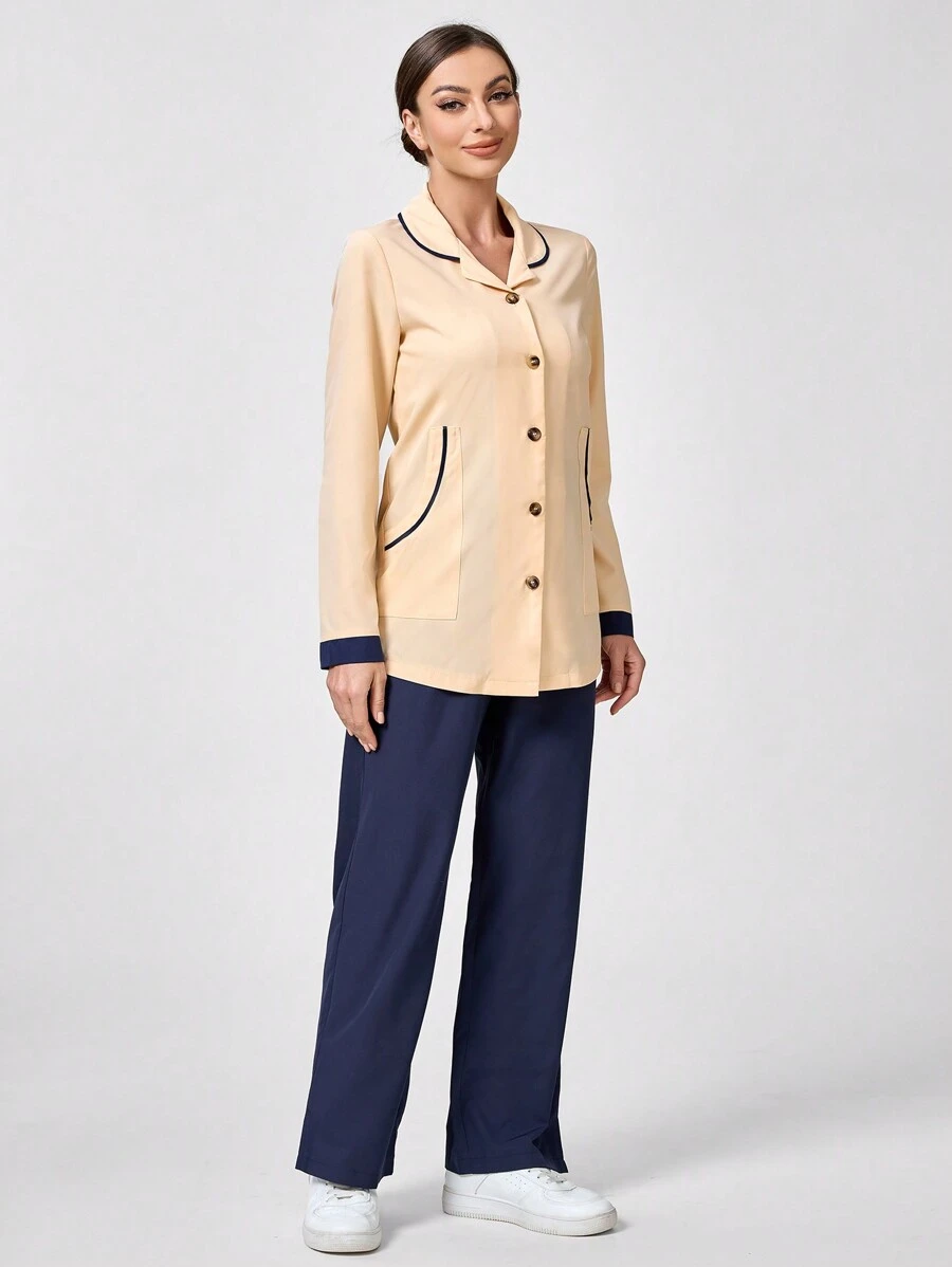 TaskEZ 2pcs Professional Turndown Collar Long Sleeve Single-Breasted Jacket And Pants Set - Navy Blue - View 1