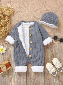 SHEIN Newborn Baby Front Button Fuzzy Spliced Long Sleeve Minimalist Sweater Jumpsuit