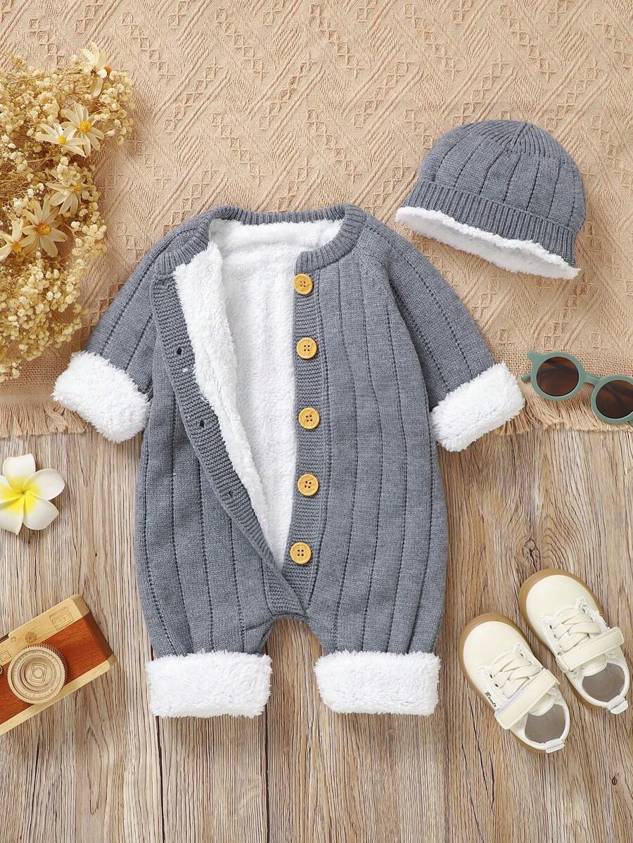 SHEIN Newborn Baby Front Button Fuzzy Spliced Long Sleeve Minimalist Sweater Jumpsuit