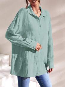 SHEIN Frenchy 落肩纯色长款衬衫 夏季上衣 度假服装 - 青碧色 - 查看 3