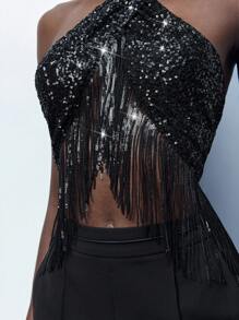 Maija Women's Black Fringe Sequin Lace Embellished Off-Shoulder Tank Top, Suitable For Valentine's Day, Party, St. Patrick's Day, Easter, Chinese New Year, Music Festival In Spring And Summer