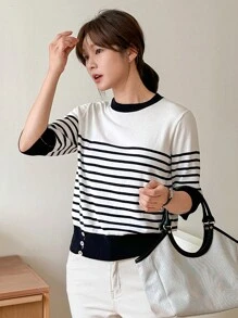 DAZY 女士圆领拼色条纹 3/4 袖毛衣 - 黑與白 - 查看 3