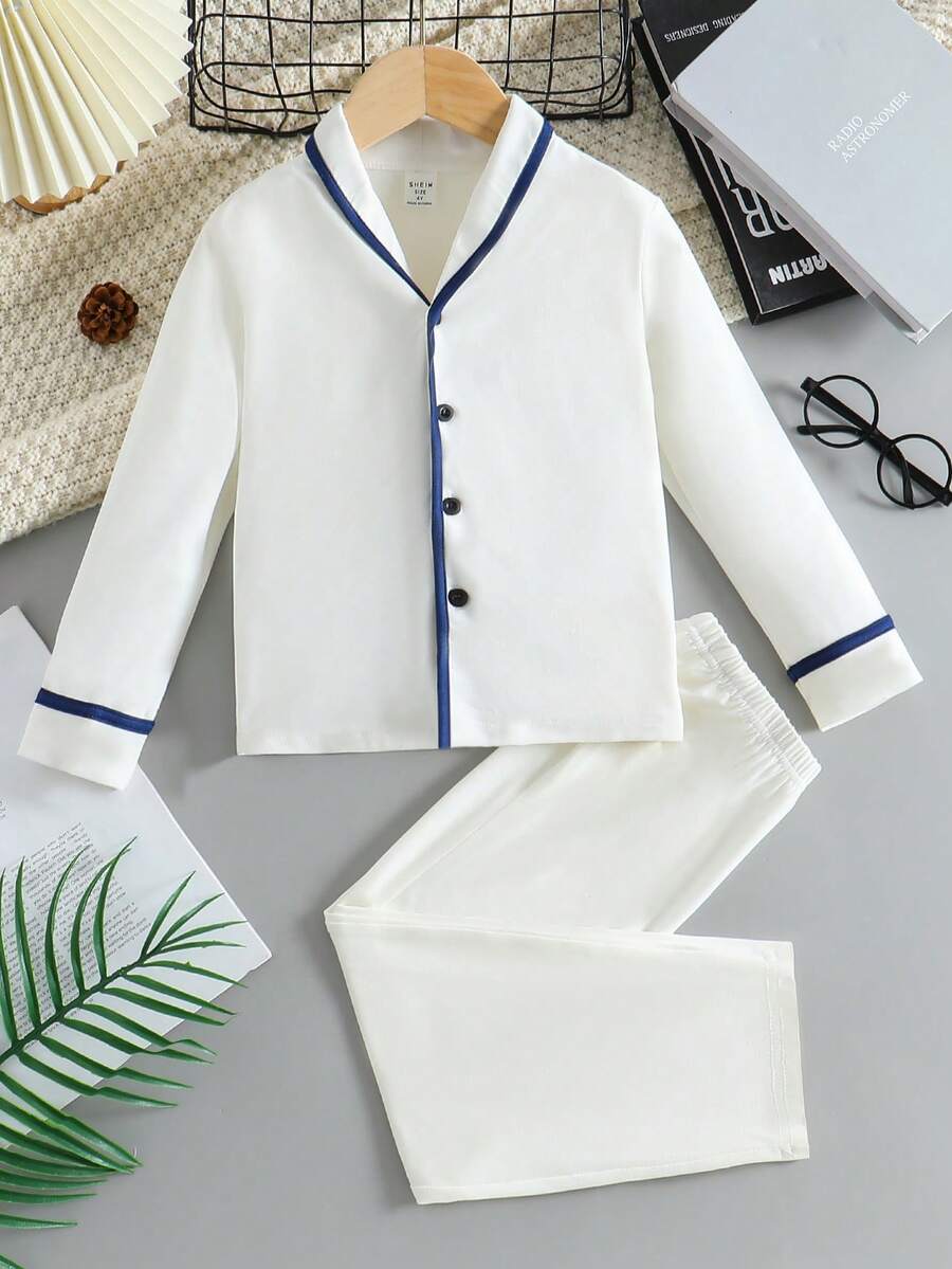 SHEIN 2 件装年轻男童休闲纯色拼色长袖上衣和裤子家居服套装 - 彩色 - 查看 1