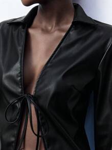 Maija Women's Black Solid Color Tie-Front PU Leather Jacket, Casual Daily Wear - Black - View 3