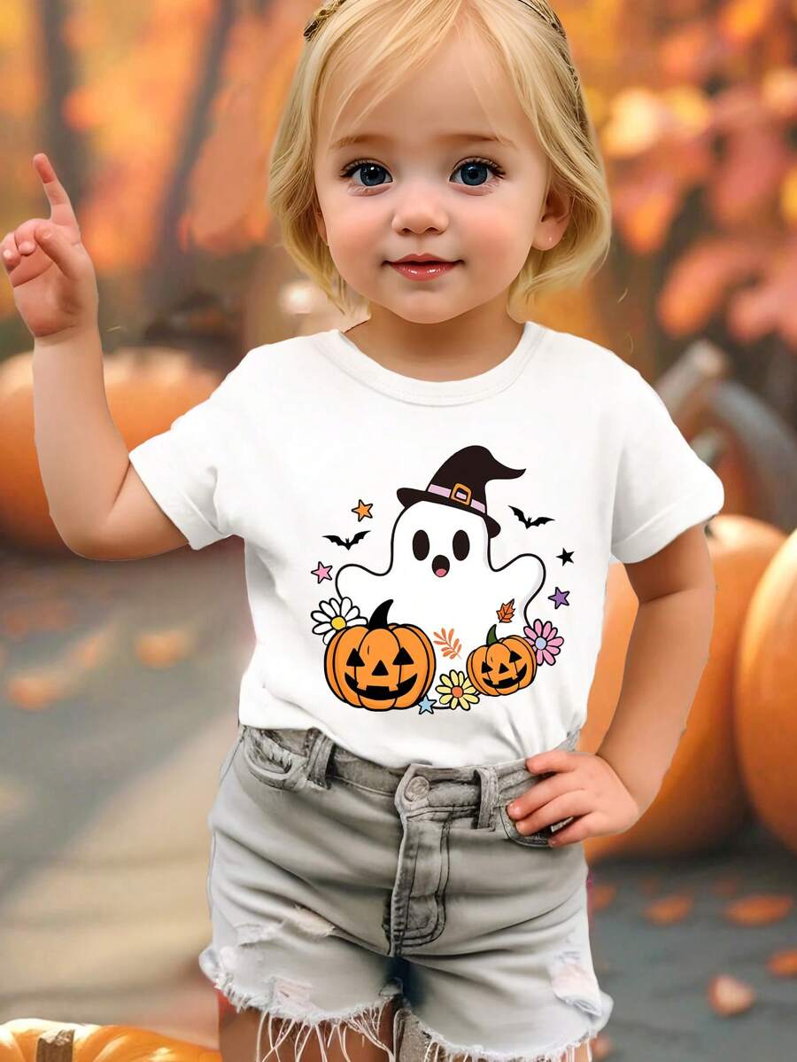 Áo thun tay ngắn in hình ma và bí ngô ngộ nghĩnh cho bé gái vào dịp Halloween, mùa hè - trắng - Xem 1