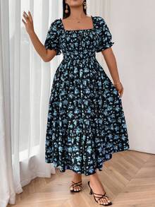 SHEIN SunnyBelle 大码方领短袖花卉印花度假连衣裙 - 黑色 - 查看 5