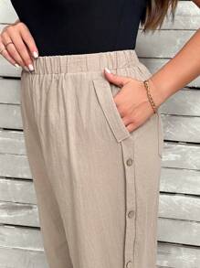 大码女式纯色简约日常纽扣装饰裤 - 卡其色 - 查看 7