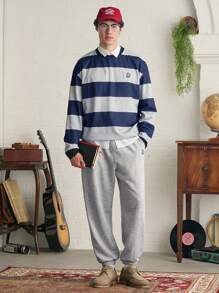 Manfinity VCAY Men's Digital Print Striped Loose Fit Crewneck Sweatshirt Set, For Fall Winter