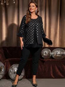 EMERY ROSE Plus Size Polka Dot Print Casual Long Sleeve Round Neck Blouse,Fall Women Clothes
