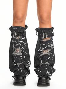 ROMWE Grunge Punk 仿旧牛仔效果大腿高宽松腿套 - 修身喇叭腿设计 - 黑色 - 查看 3