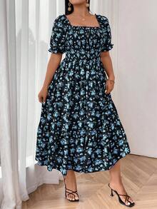 SHEIN SunnyBelle 大码方领短袖花卉印花度假连衣裙 - 黑色 - 查看 7