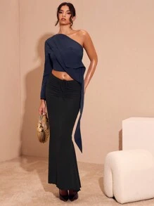 Glamine 女士秋冬纯色时尚不对称肩带系带露脐上衣 Old Money 藏蓝色长袖女式上衣 - 藏蓝色 - 查看 1