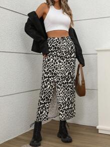 Chiquease Women Leopard Print High Slit Skirt, Casual Vacation - Apricot - View 3