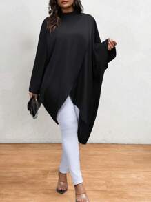 Flirla Blusa de manga larga informal con bajo asimétrico de unicolor para mujeres talla grande - Negro - Ver 4