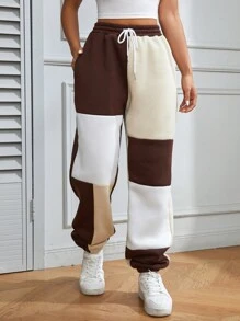 Flirla Colorblock Drawstring Waist Slant Pocket Sweatpants Graduation,Back To School Outfits,Graduation,Teacher Outfits For Women,Back To School