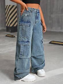 Pantalones vaqueros de carga anchos y holgados con múltiples bolsillos, estilo vintage desgastado y desgarrado, moda Y2K para niñas preadolescentes, ideal para el regreso a la escuela en otoño - Azul lavado medio - Ver 5