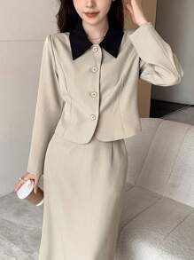 DAZY Bộ đồ vest blazer dài tay cài nút ve áo màu tương phản dành cho nữ và váy - Màu be - Xem 3