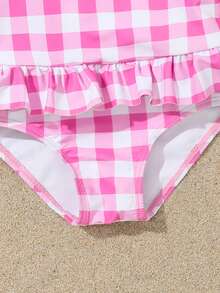 女婴褶饰花卉格子连体泳衣，休闲度假 - 彩色 - 查看 4